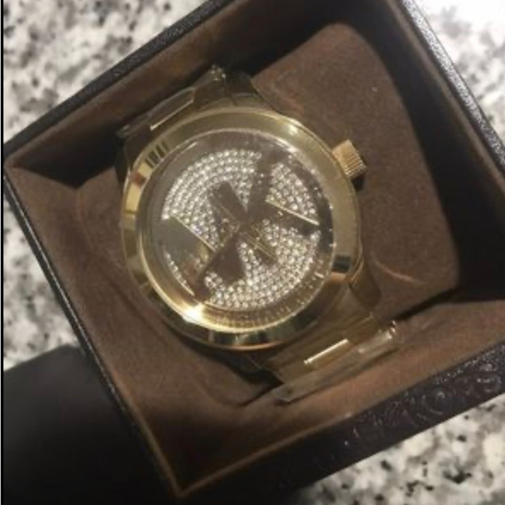 MICHAEL KORS MK5706 Runway Crystal Pave MK Logo Gold Tone Ladies Wrist Watch